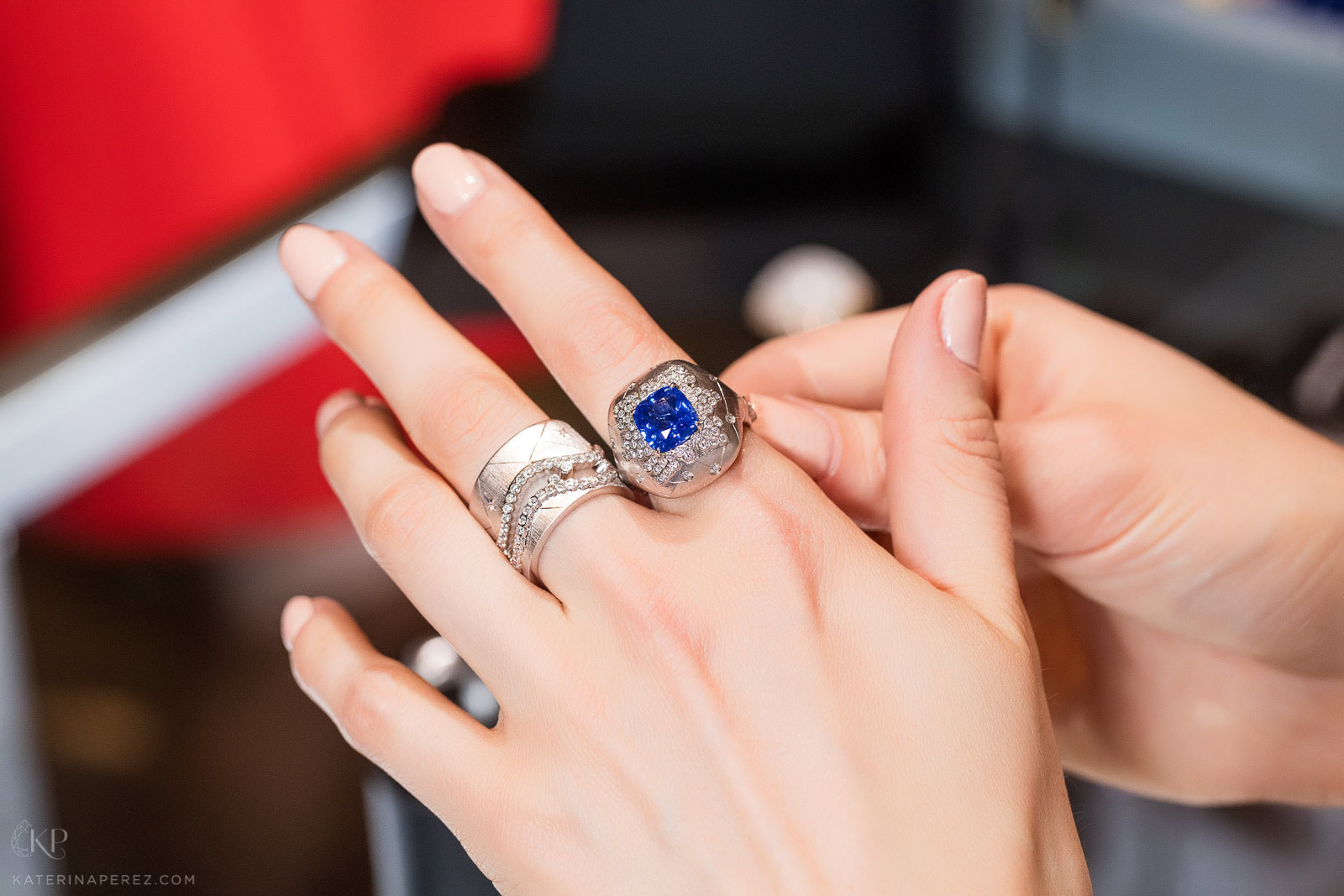  Adam Foster Constellation ring with 4.03 cushion cut blue sapphire and diamonds