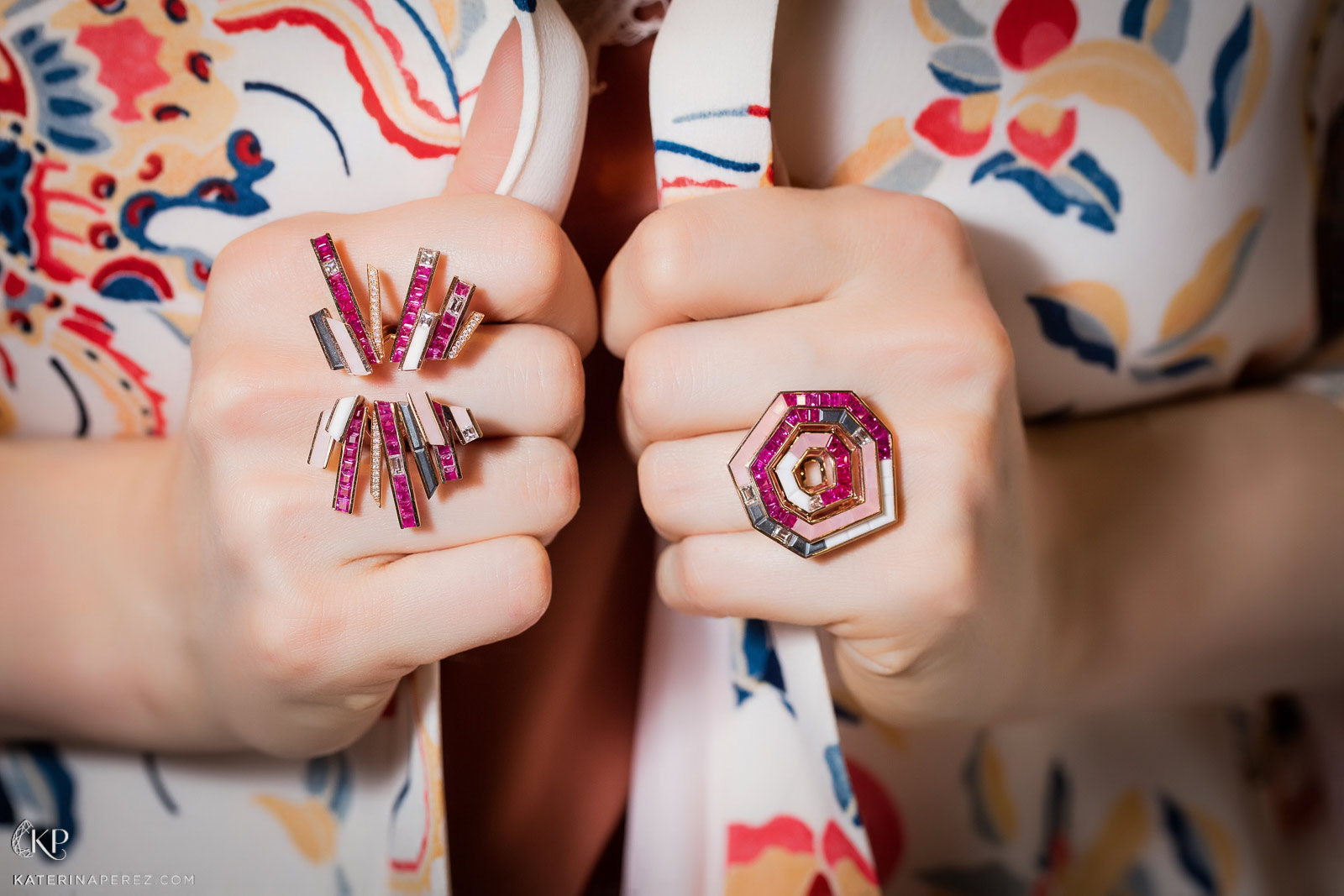  Tomasz Donocik rings with pink opal, white agate, black hematite, white diamond and rubies