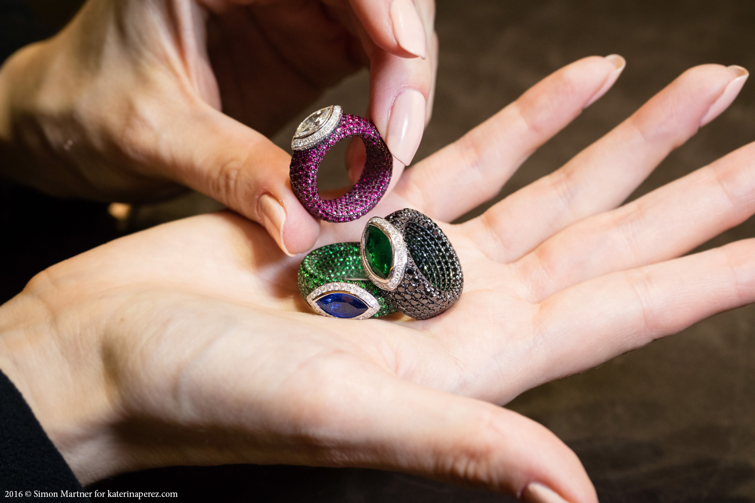 Avakian rings from Cache collection with emeralds, sapphires, rubies, black and colourless diamonds