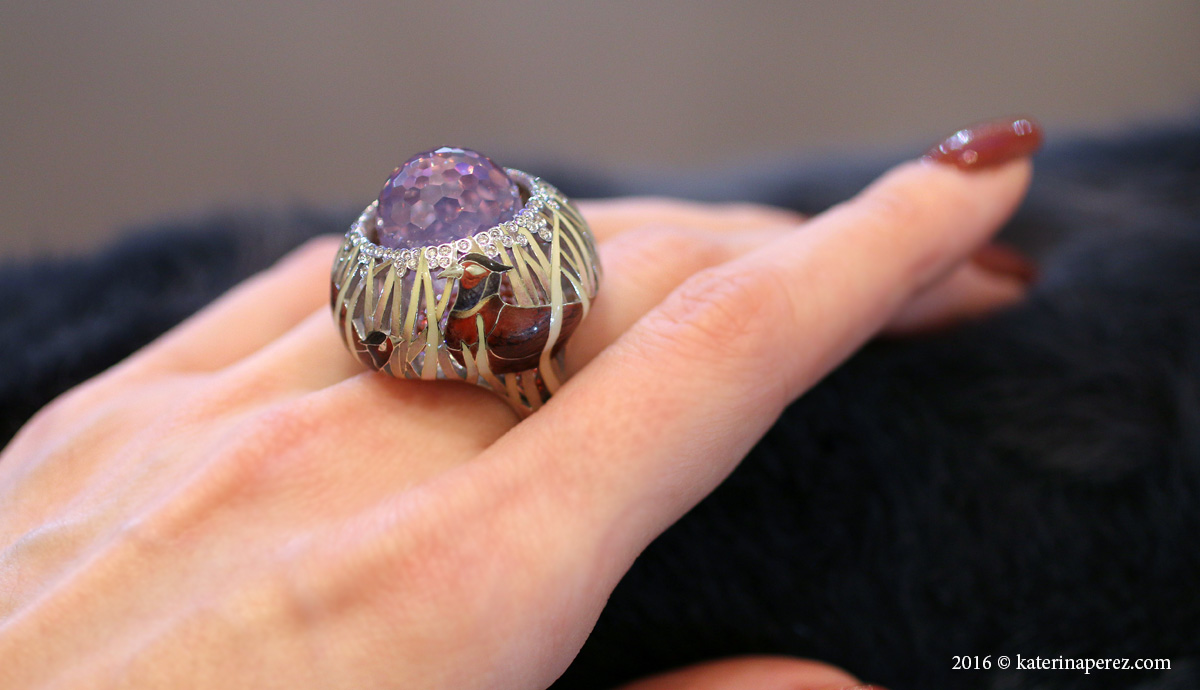 Ilgiz Fazulzyanov Pheasant ring with rose quartz, diamonds and enamel