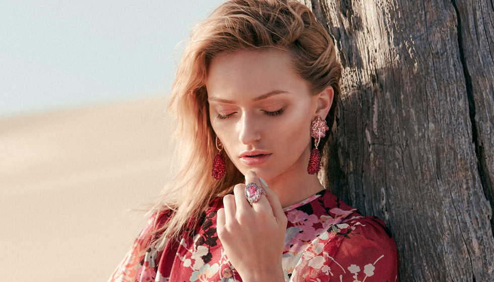 Margot McKinney Raspberry earrings with with diamonds, yellow and orange sapphires and pink spinels