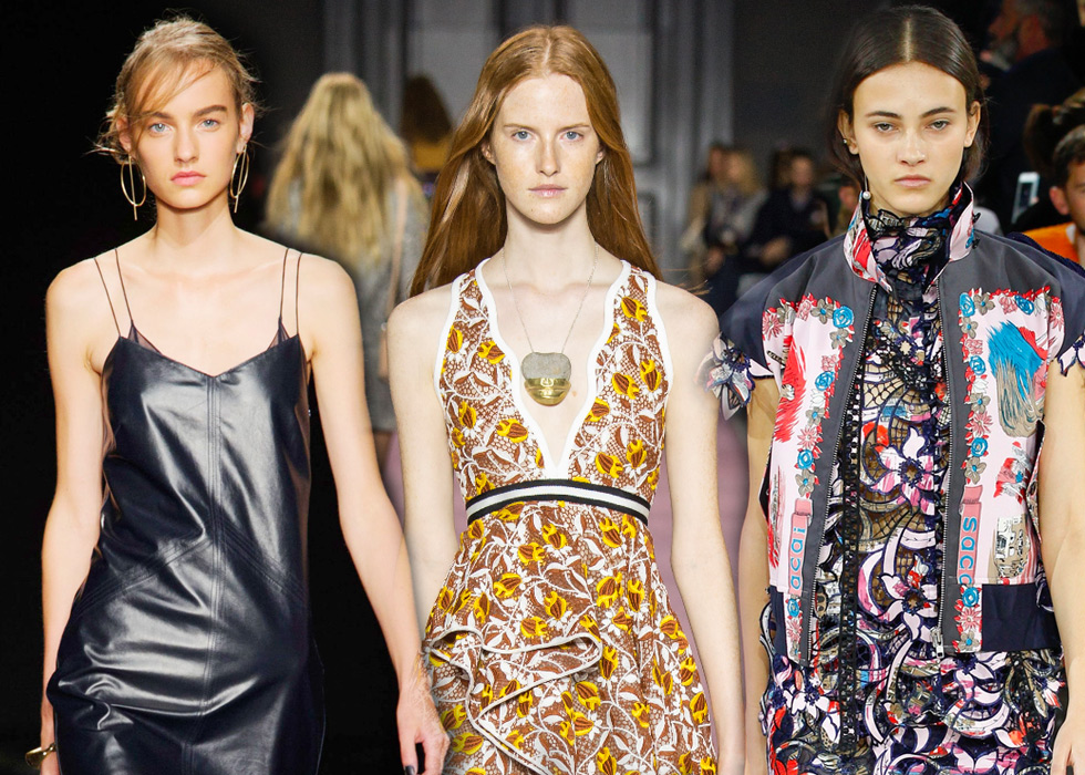 From left to right: fine hoop earrings on Rag & Bone model; fine chain pendant on Giambattista Valli model, solo earrings with a pearl on a chain worn by Sacai model. All Spring – Summer 2016 collections