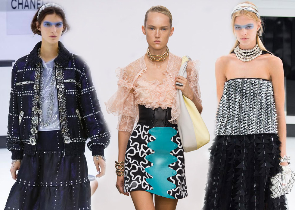Эти модели Весна-Лето 2016 иллюстрируют объем, создаваемый с помощью слоев украшений. Слева направо: слоистые сотуары Chanel, волнистый чокер и браслет  J.W. Anderson, 4-струнный чокер Chanel