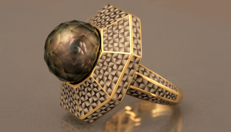 Ilgiz F. enamel ring with a Tahitian pearl faceted by Viktor Tuzlukov