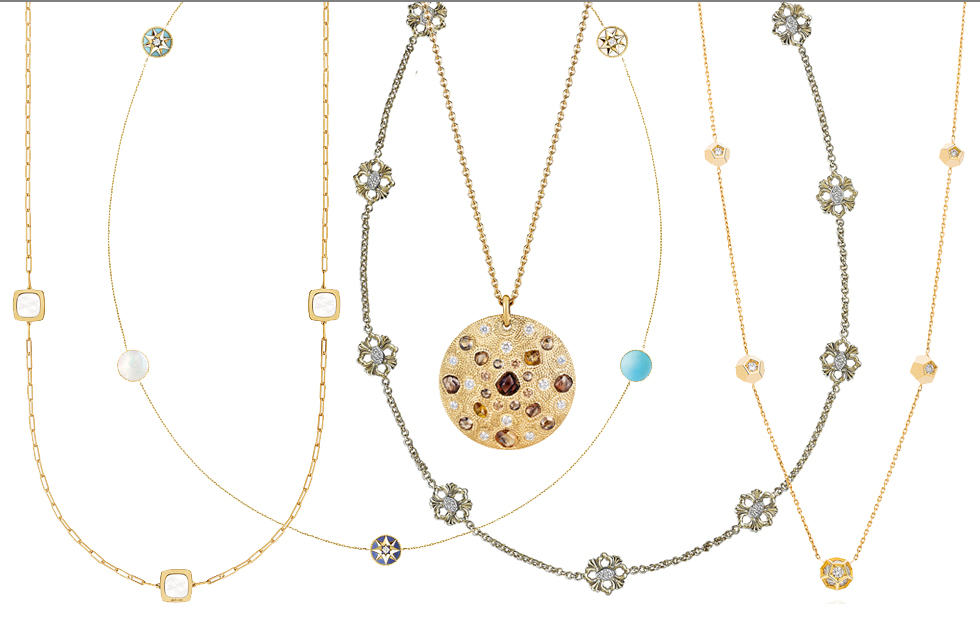 From left to right: Dinh Van Impression sautoir in yellow gold; Dior Rose des Vents sautoir in yellow gold with lapis lazuli, turquoise and diamonds; Buccellati Opera necklace in yellow gold and diamonds; De Beers Talisman long necklace in yellow gold with multicoloured diamonds; Ornella Iannuzzi RockIt! sautoir in yellow gold and diamonds.