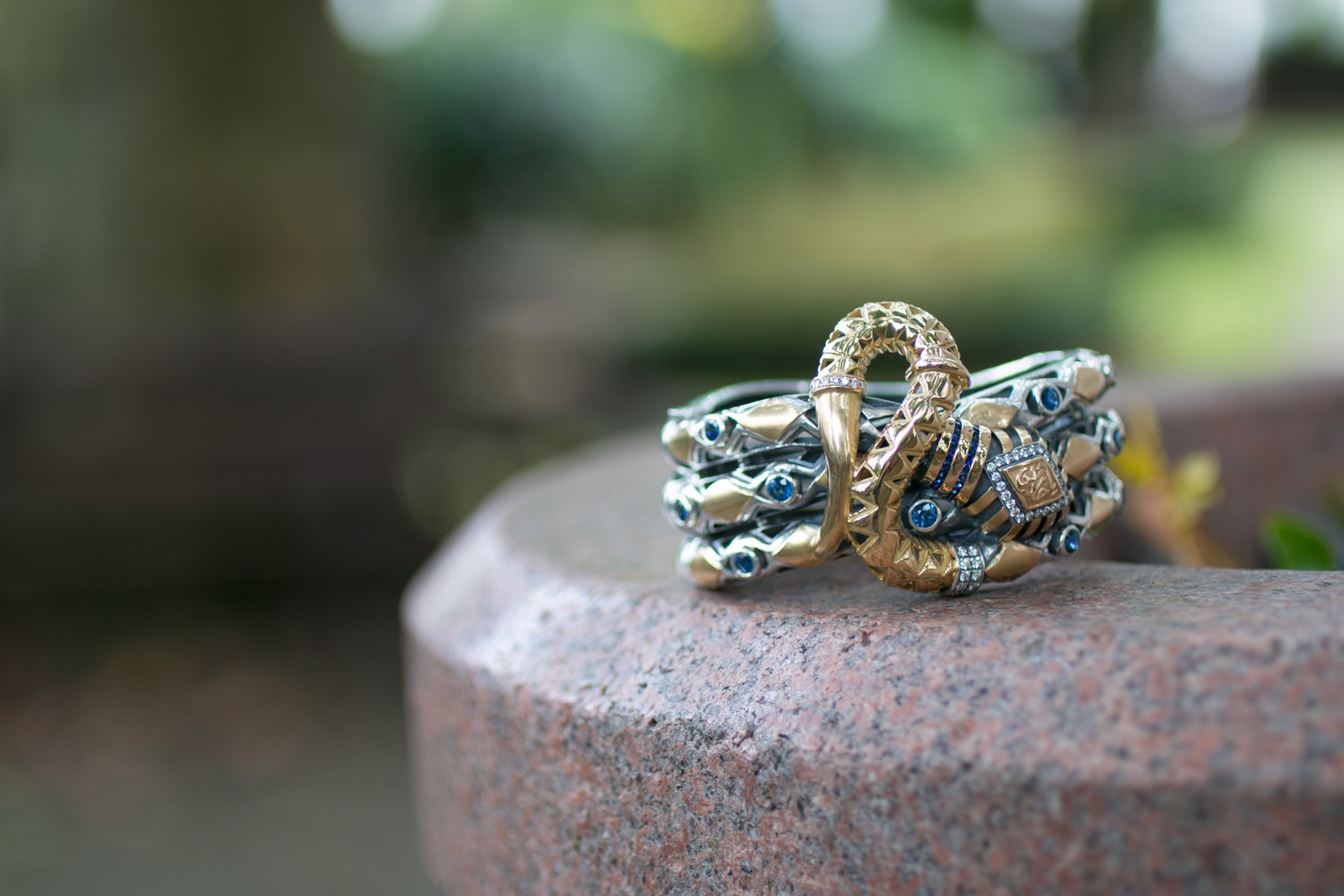 Azza Fahmy cuff barcelet in 18K yellow gold and silver with sapphires and diamonds from the Wonders of Nature collection