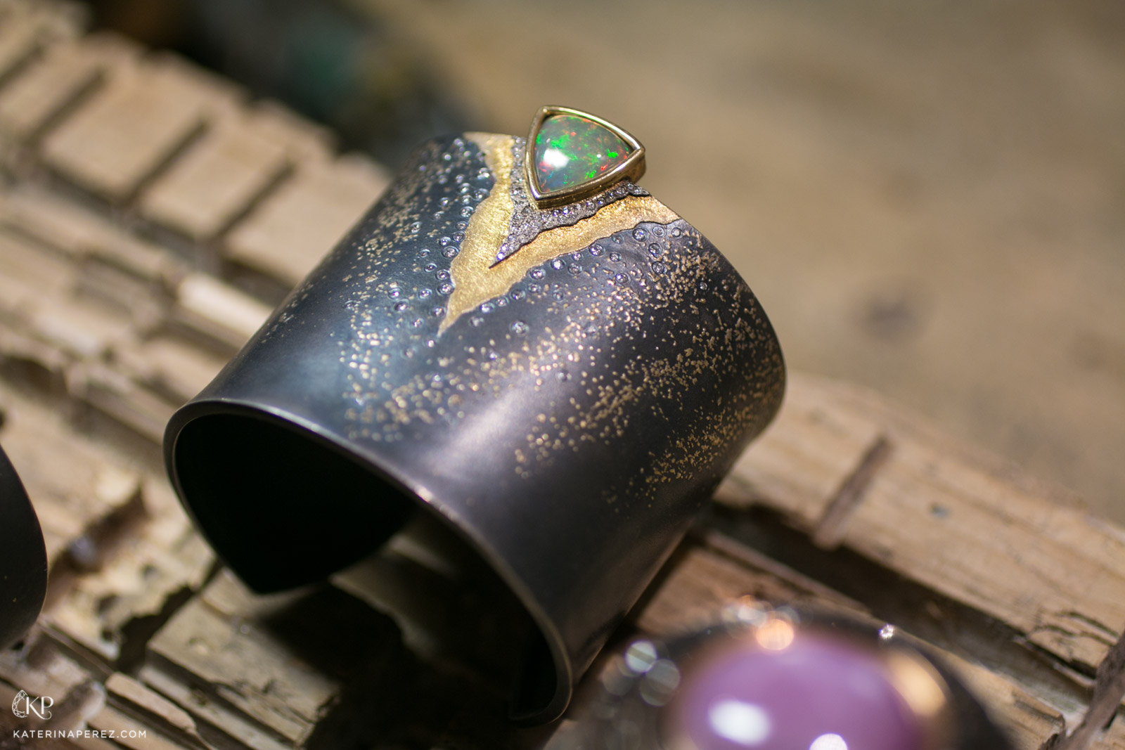 Philippe Pfeiffer cuff bracelet in yellow gold and silver with opal and diamonds