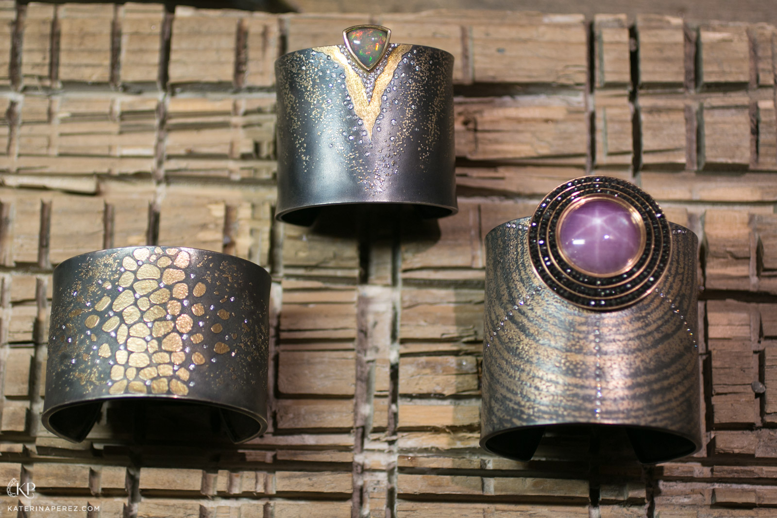  Philippe PfeifferPhilippe Pfeiffer cuff bracelets in yellow gold and silver with opal, star ruby and diamonds