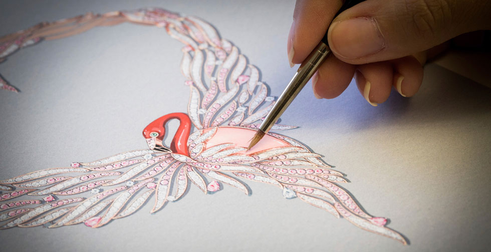 <p>Van Cleef&Arpels Flamant Corail necklace with diamonds, pink sapphires, pink and red coral, onyx and peridot</p>
