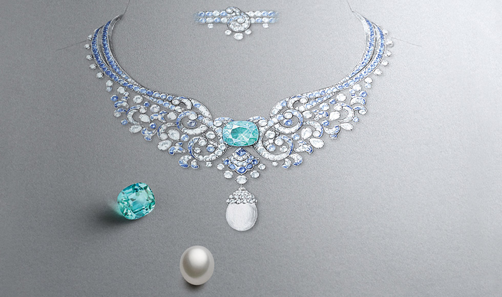 <p>Van Cleef&Arpels Clapotis necklace with diamonds, sapphires a cultured pearl and a 15.73 cts mint tourmaline</p>