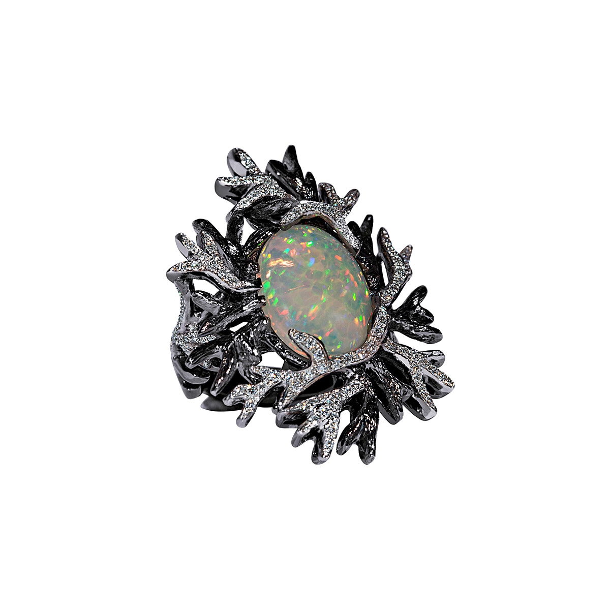  Alexandra Itouna ring in black gold with opal and diamonds