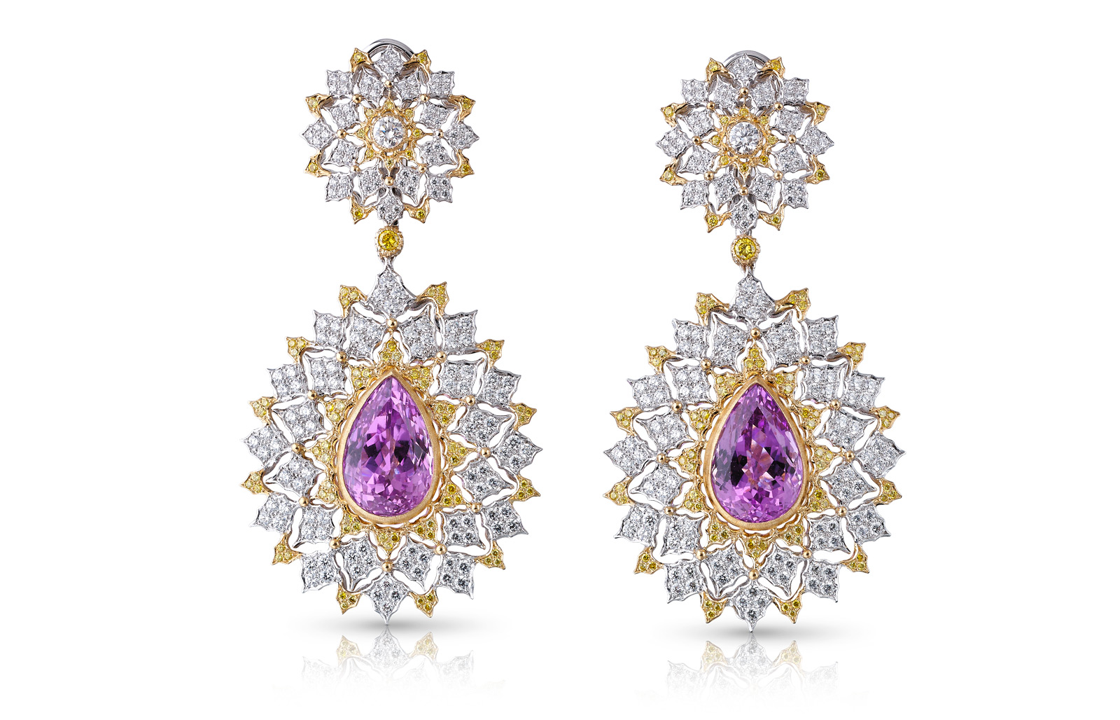  Buccellati earrings with kunzites and diamonds set in yellow and white gold