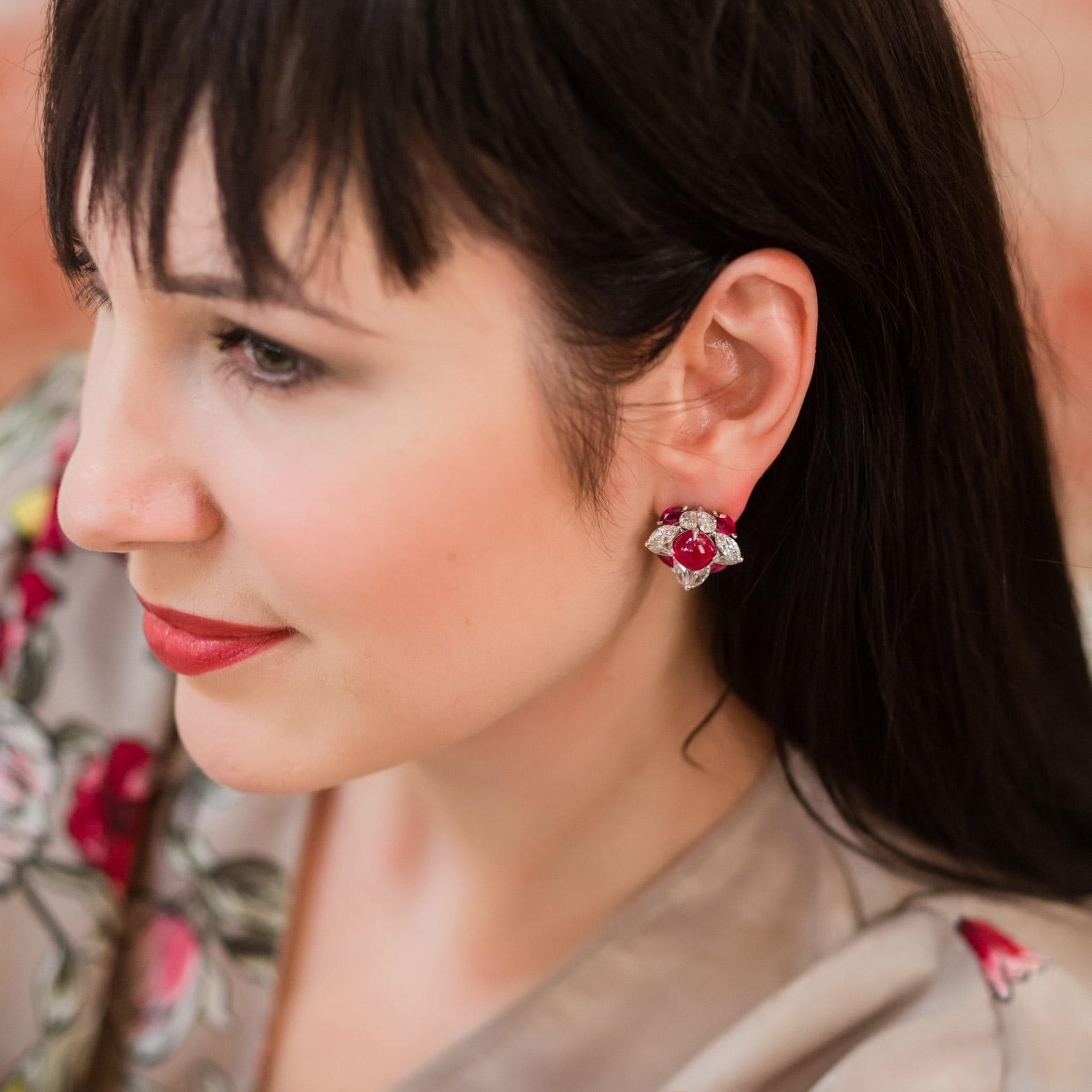 Faidee Burmese ruby and diamond earrings. Photographer: Grigory Galantniy