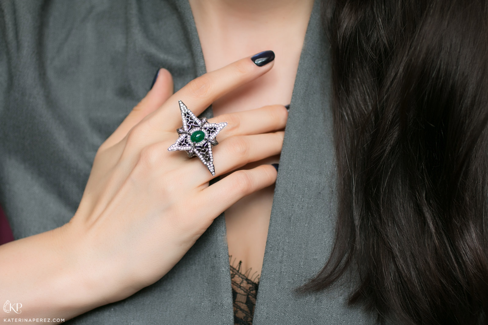Liza Belotserkovskaya ring with cabochon emerald and diamonds set in black gold