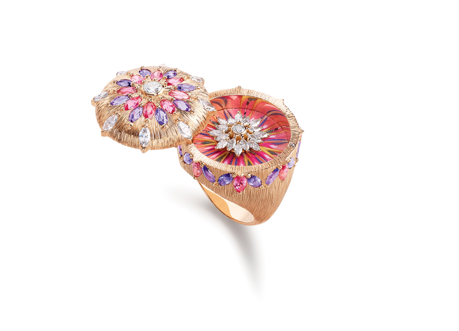  The Viva l’Arte Ring by Piaget in 18K pink gold set with red spinels, purple sapphires and diamonds