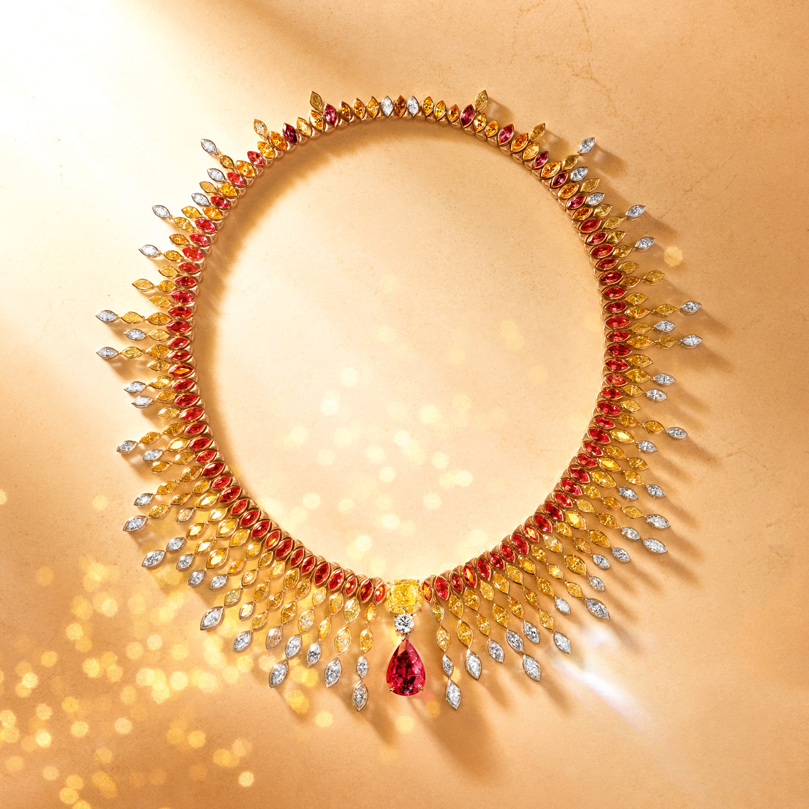 The Sunlight Journey Necklace by Piaget in 18K gold and platinum set with pear-shaped red spinel from Tanzania (10.09 cts)
