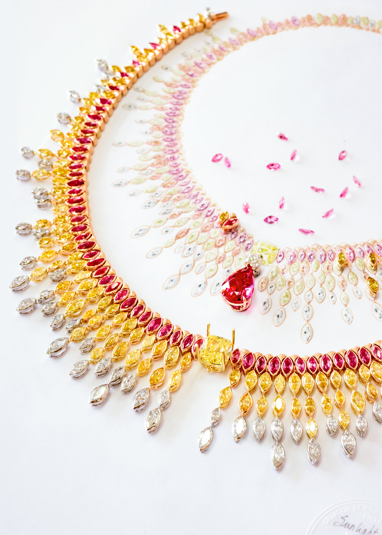  The Sunlight Journey Necklace by Piaget in 18K gold and platinum set with pear-shaped red spinel from Tanzania (10.09 cts)