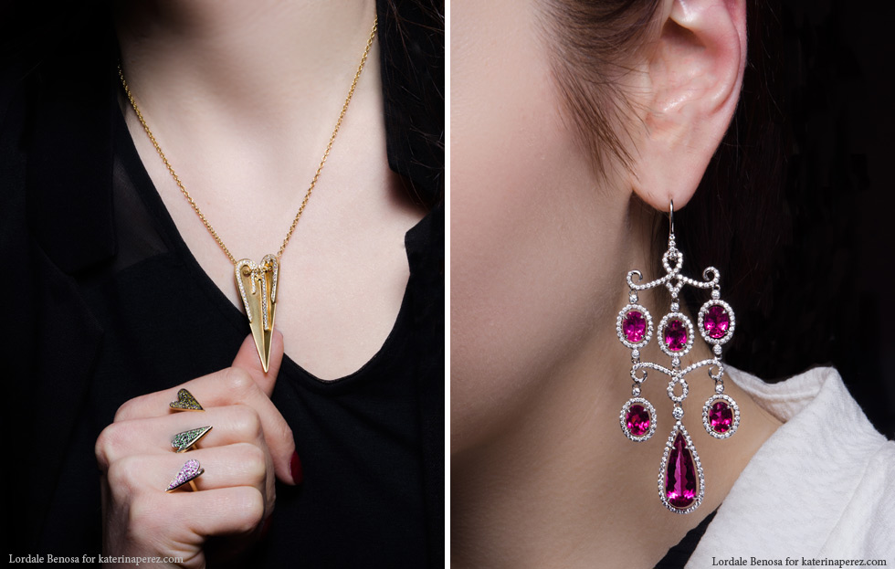  Left: Elena Votsi Eros collection pendant and a between-the-fingers ring; Right: Hammerman Brothers earrings with 21.50 cts rubellites and diamonds