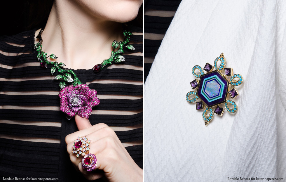  Left: Wendy Yue rose necklace; Right: Paula Crevoshay opal, lapiz, apatite and amethyst brooch created in collaboration with the master of inlay work Nikolay Medvedev