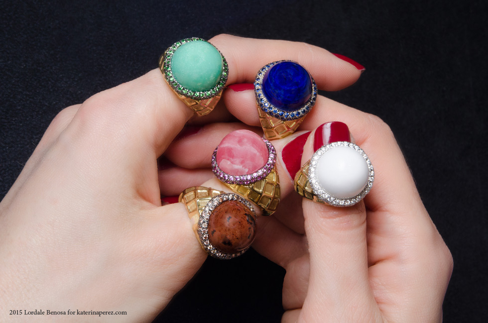 Gumuchian Ice Cream rings set in yellow gold with diamonds and multi-coloured hard stones