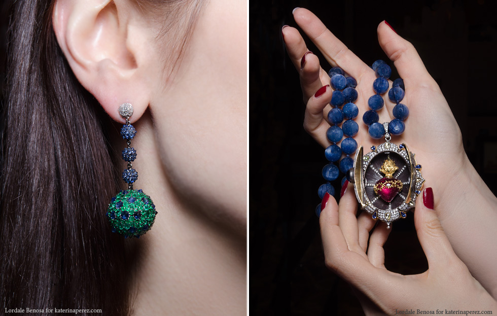  Nam Cho emerald, sapphire and diamonds earrings; Arman Sarkisyan Sacred Heart necklace with a gold locket set with sapphires and diamonds on a string of kyanite beads