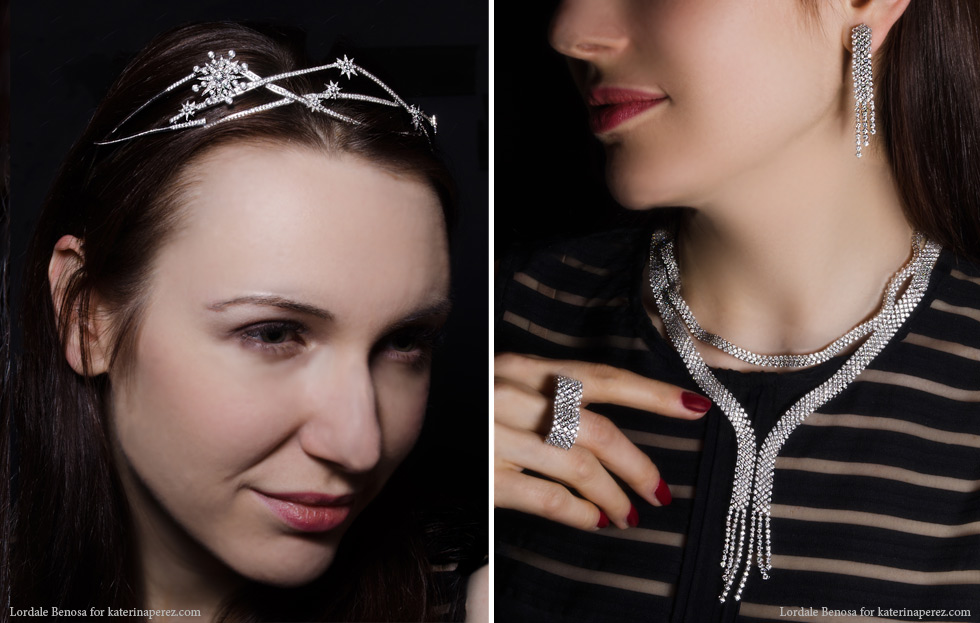  Left: Colette diamond tiara; Right: Qayten diamond jewellery from Bologna collection