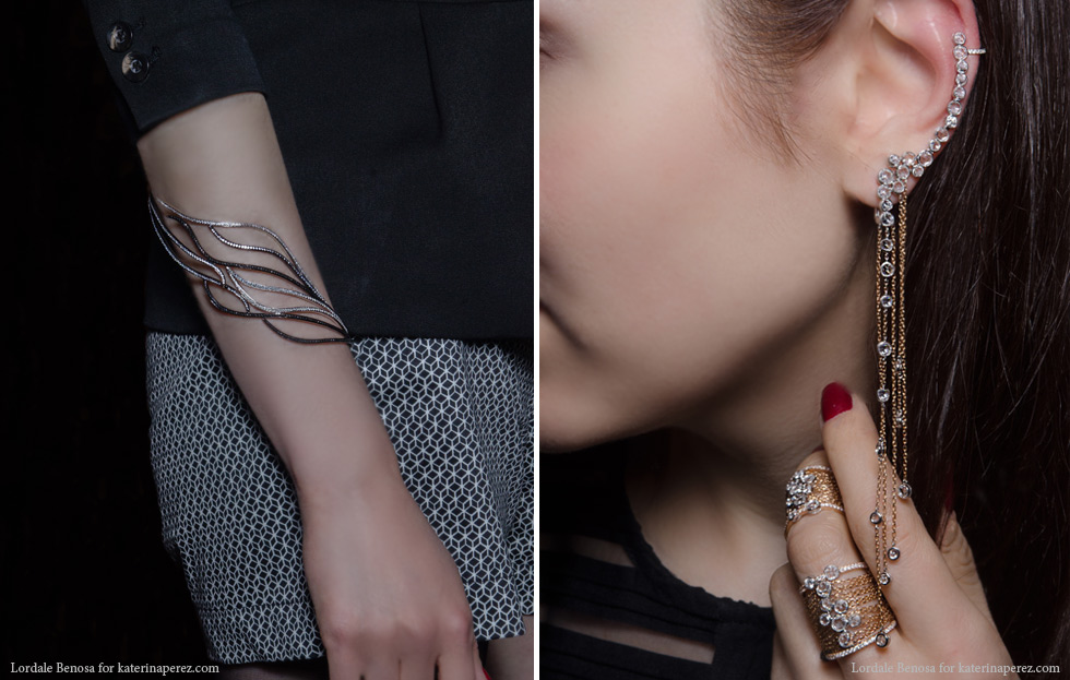  Left: AS 29 Flow collection arm cuff with white and black diamonds ; Right: Gianna yellow gold full finger ring and an ear cuff with diamonds