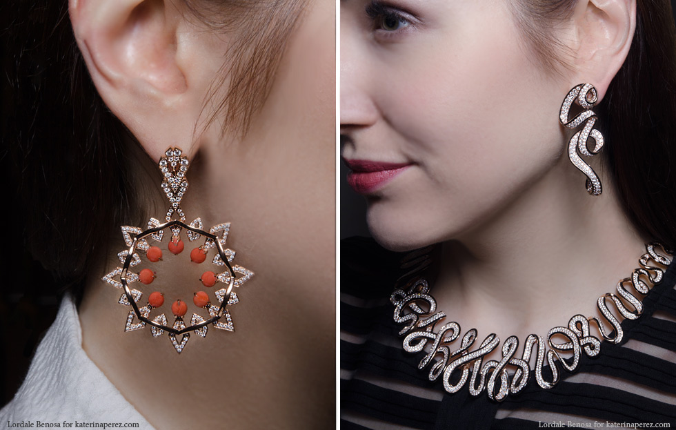  Left: Octium Sun collection earrings in rose gold with diamonds and coral; Right: New Italian Art Ribbon set in rose gold and enamel