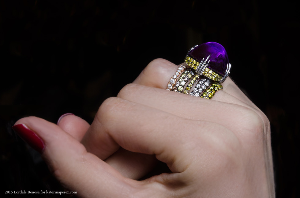  Deanna Hamro cabochon tanzanite ring with separate diamond bands