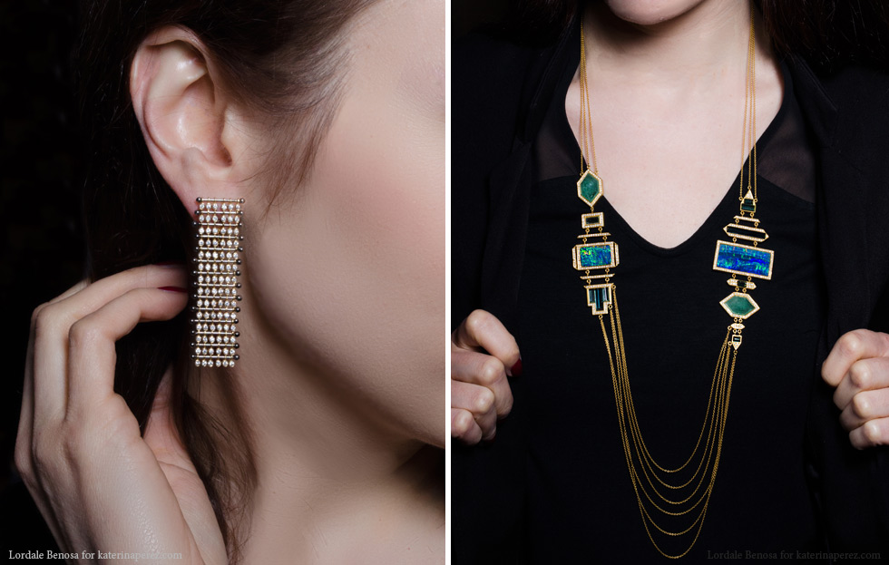  Left: Yannis Sergakis adornment earrings with diamonds from the Charnière collection; Right: Lauren Harper collection necklace with opals, green/blue tourmalines and diamonds
