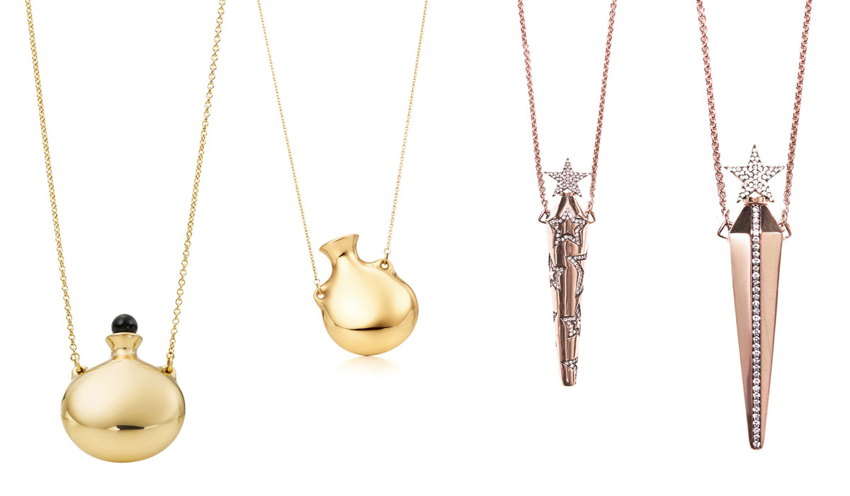 Left: Elsa Peretti for Tiffany&Co gold perfume bottle pendants; right: Diane Kordas Amulette collection pendants