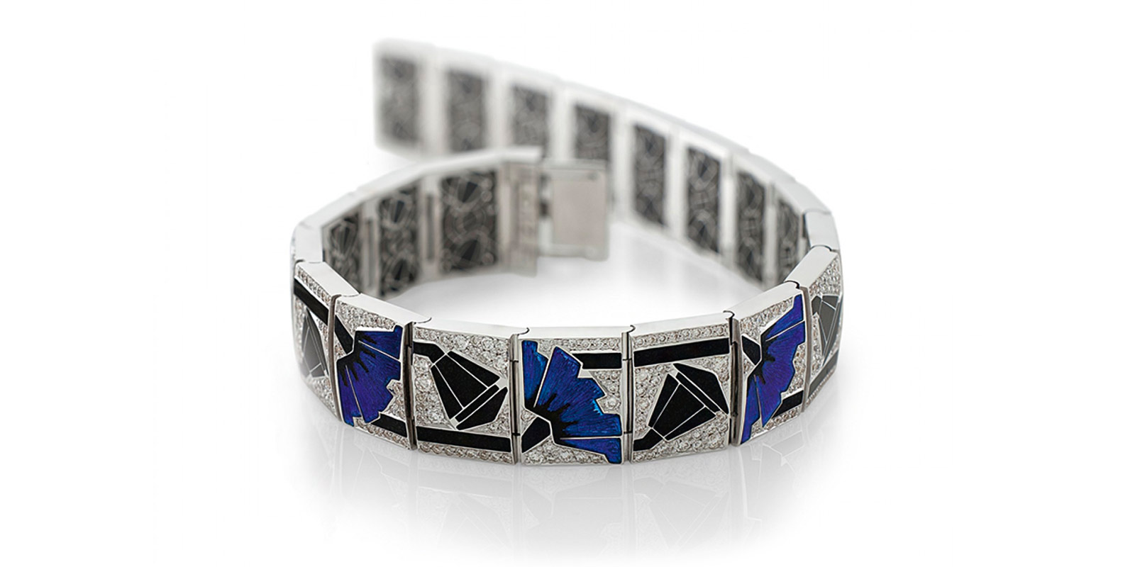 Ilgiz F Poppy link bracelet in white gold with diamonds and enamel