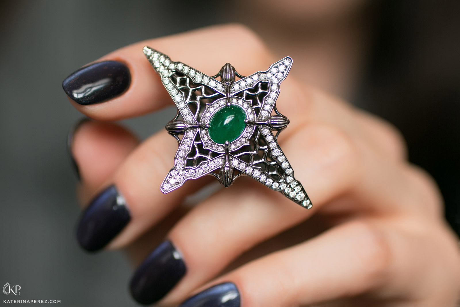  Liza Belotserkovskaya ring with cabochon emerald and diamonds set in black gold