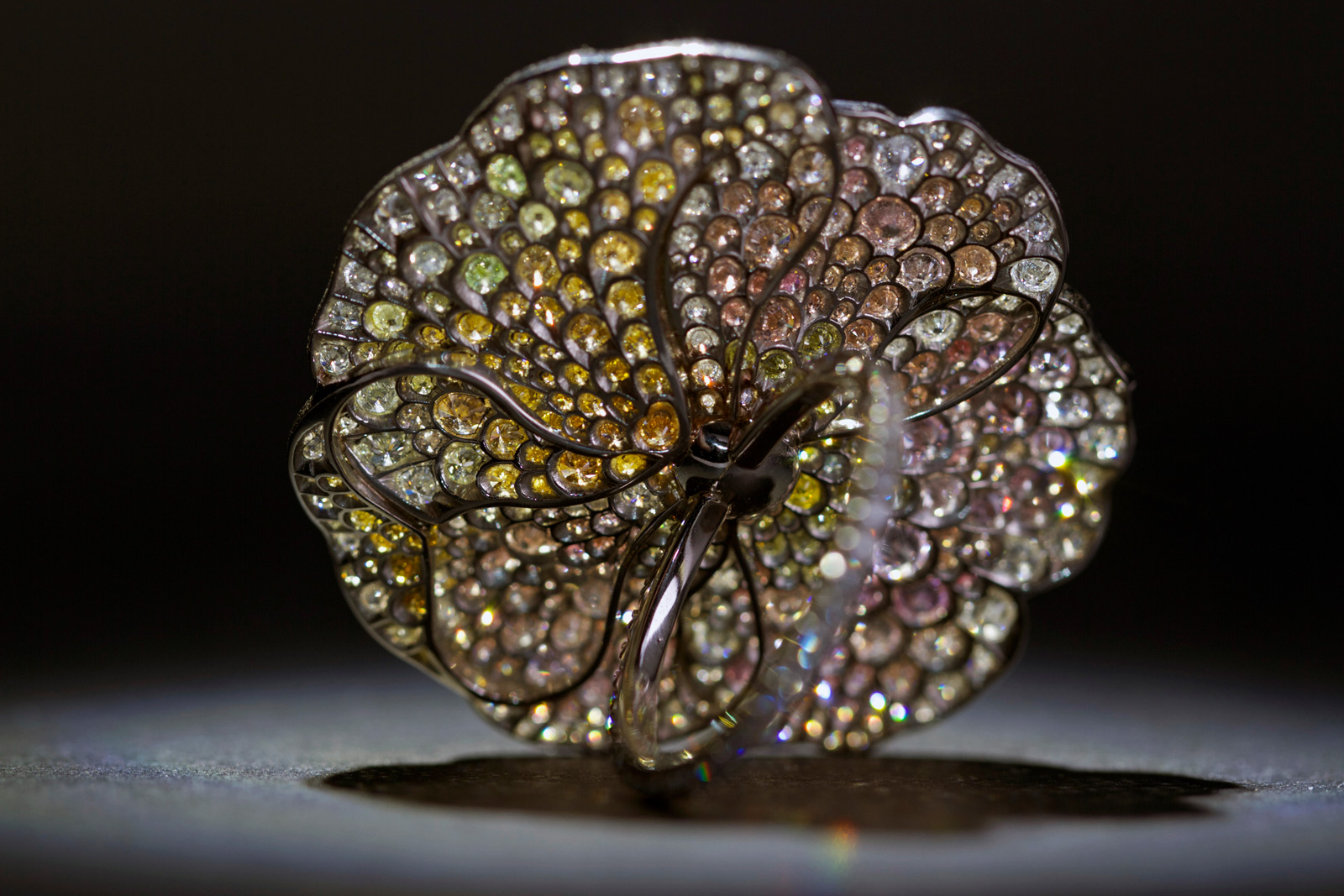  David Michael Violet ring with pink, yellow an colourless diamonds