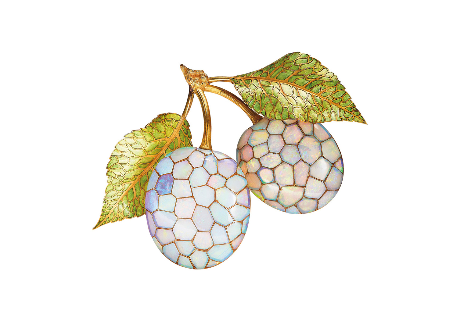 René Lalique Plum brooch with opals and enamel
