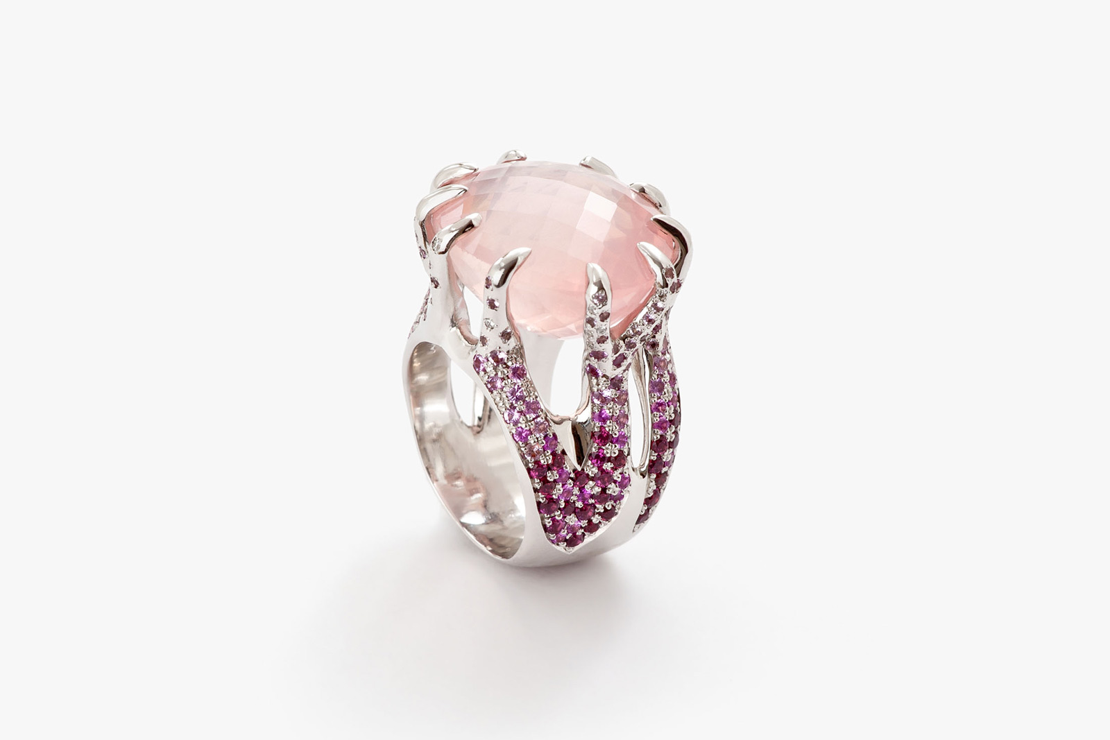  Julie Genet Goutte de Rosee ring with rose quartz, pink sapphires and diamonds