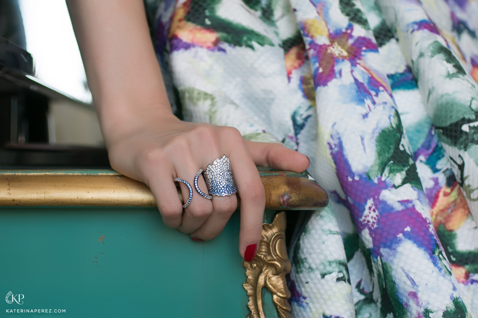 Julie Genet Me ring and Sea Water ring with sapphires and diamonds