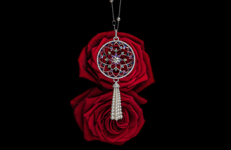 Roxalana necklace with sapphires, diamonds, moonstones and pearls