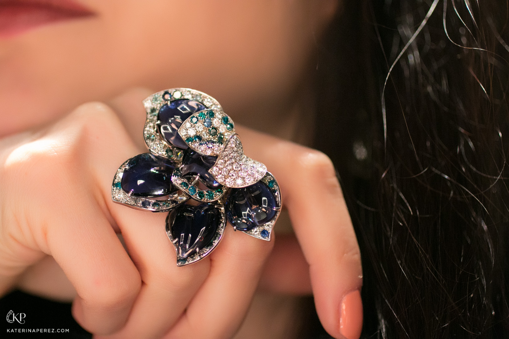  Paolo Piovan orchid ring with blue quartz, emeralds and diamonds