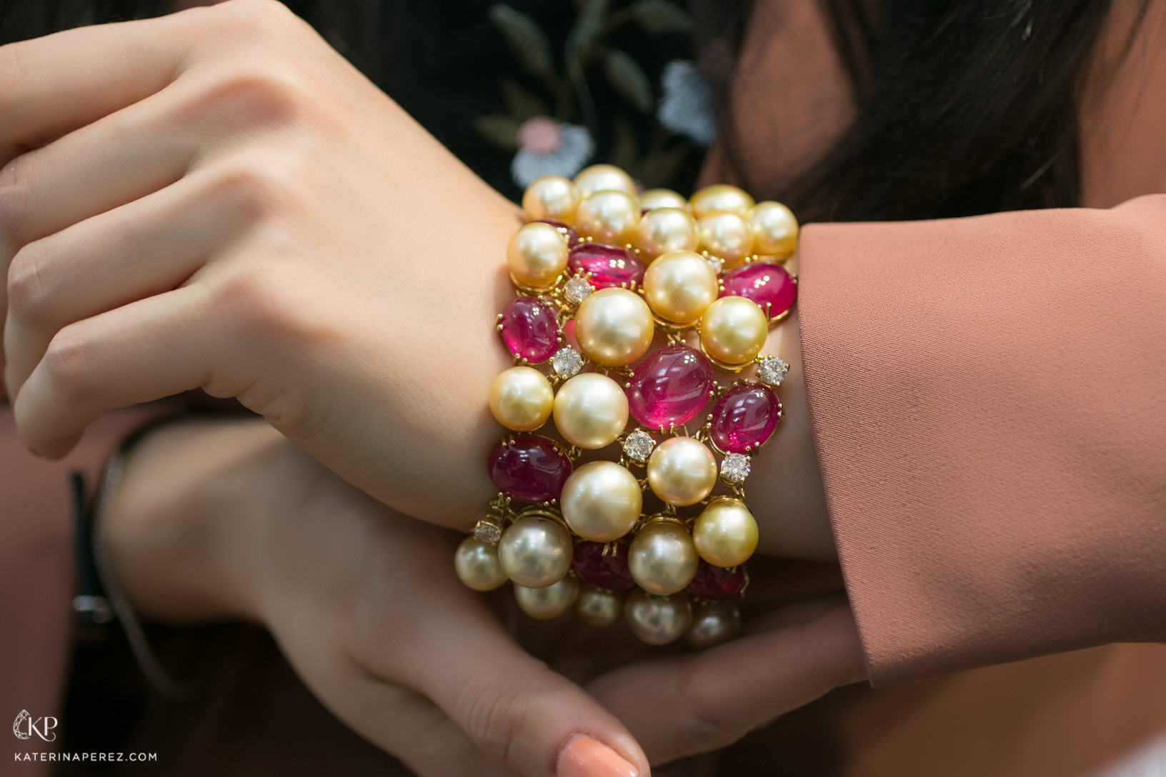  Utopia one of a kind bracelet with rubellites, diamonds and south sea pearls 
