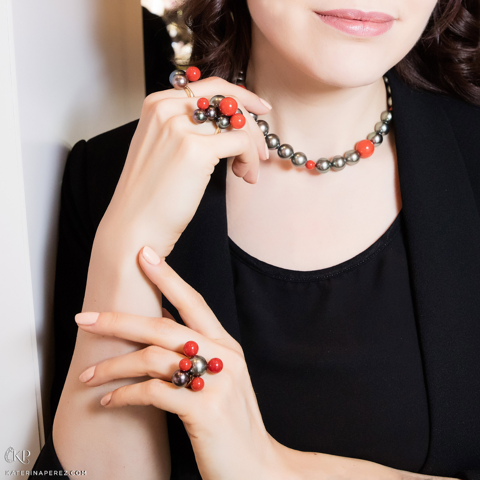  Assael Bubbles by Sean Gilson jewellery with Tahitian pearls and Coral. Photo by Simon Martner