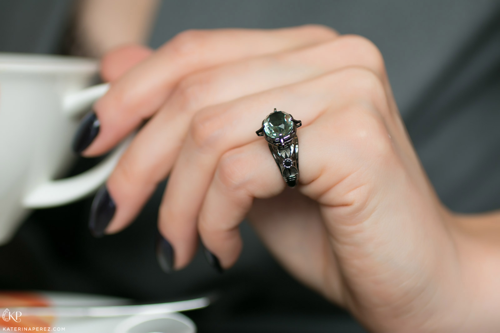  Liza Belotserkovskaya ring in black gold with prasiolite and diamonds