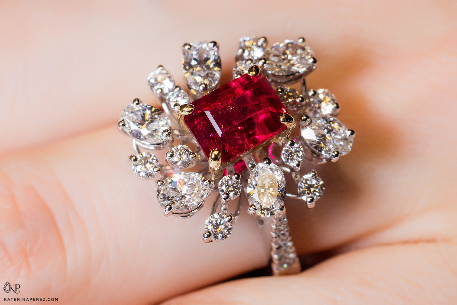 Caratell 2.20ct Bixbite / Red beryl and 2.32ct Diamond cocktail ring from 'Sun Ray' collection