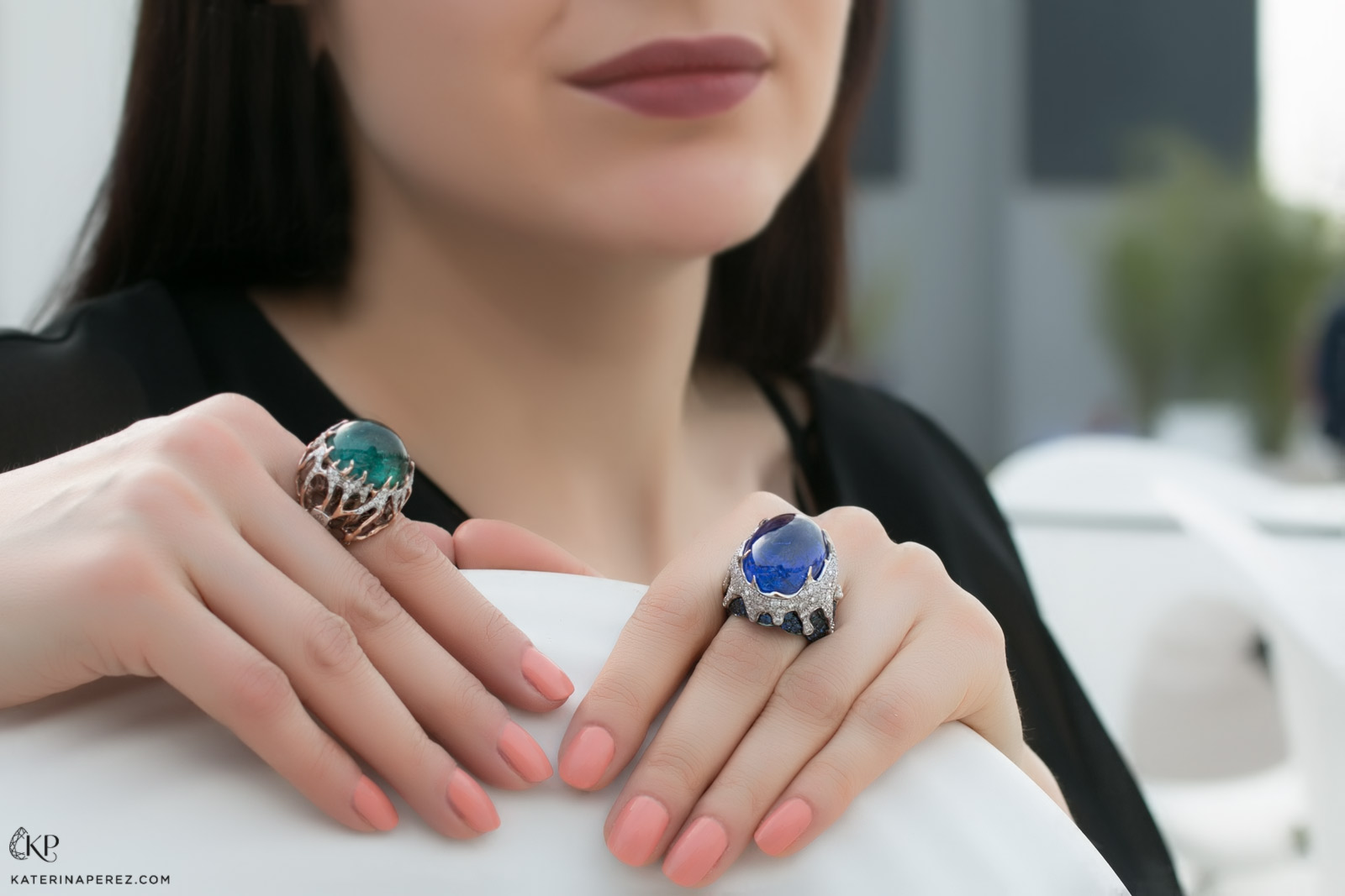 Davide Maule rings with cabochon emerald and cabochon sapphire