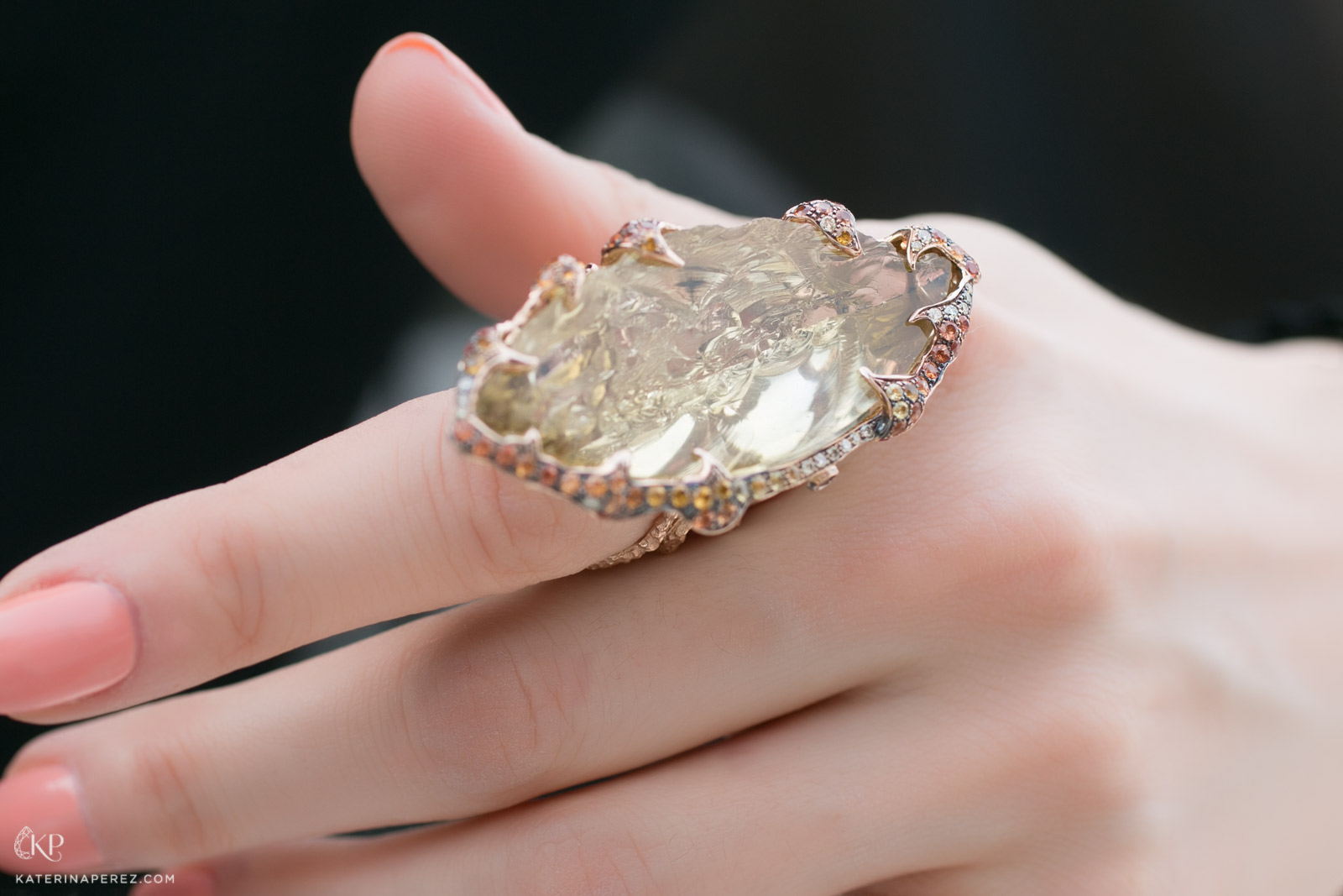  Davide Maule lemon quartz ring with multicoloured sapphires and diamonds