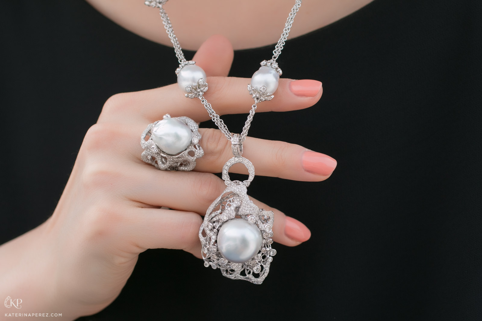  Davide Maule pendant and ring with pearl and diamonds