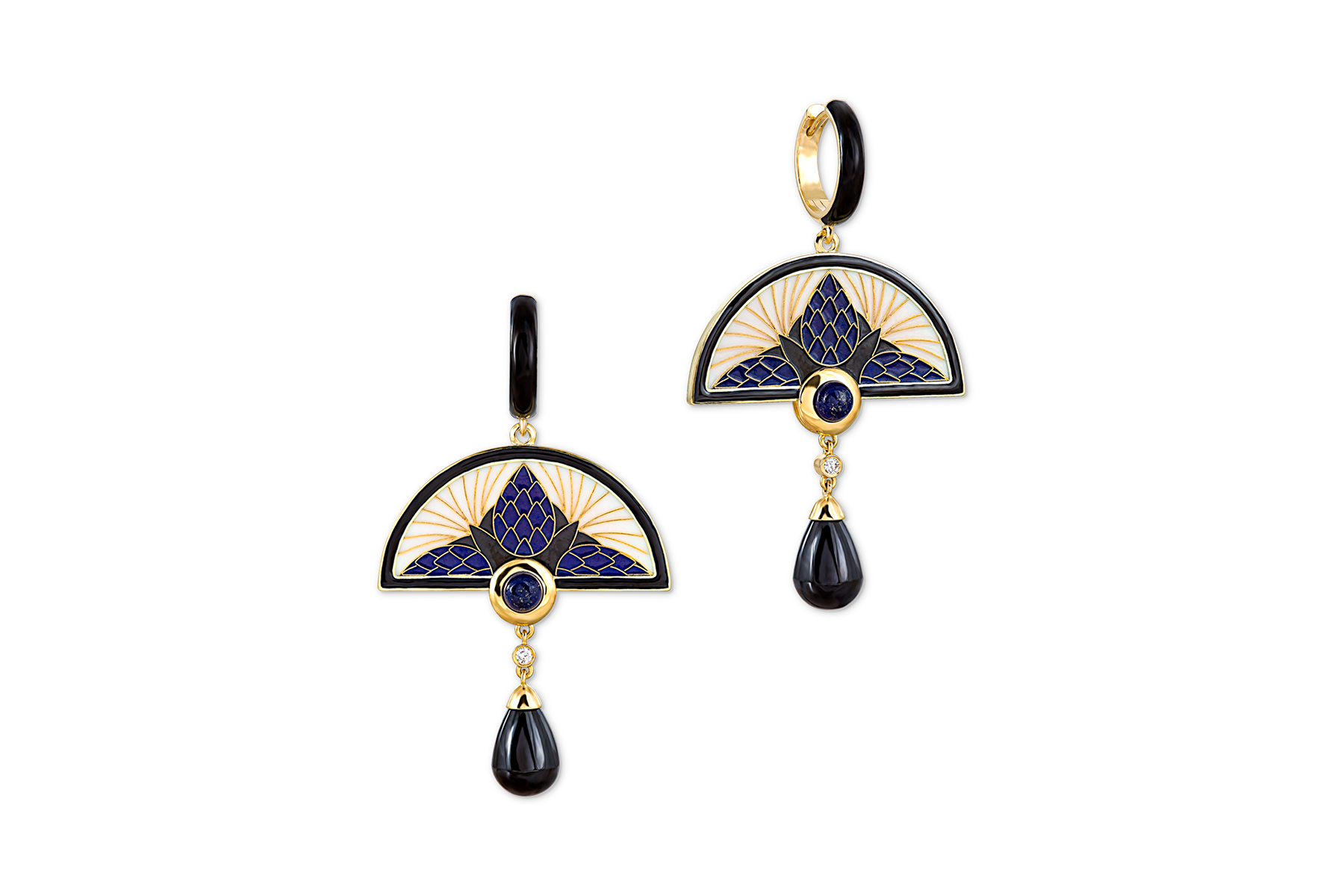  Ilgiz F Burdock earrings with enamel, pearls and lapis lazuli