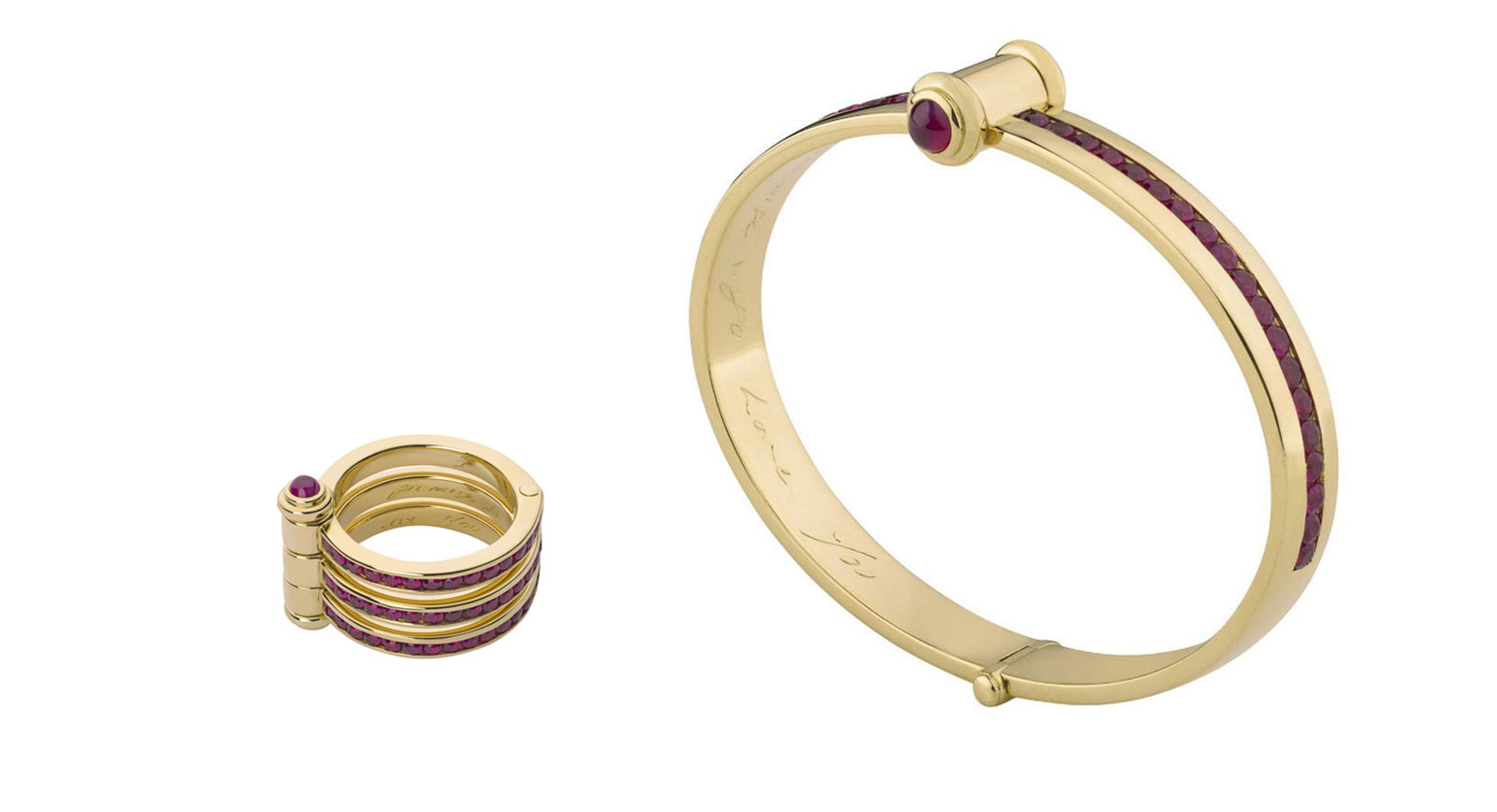 Stephen Webster and Tracey Emin 'I promise to love you' Ruby ring and bangle in 18k yellow gold