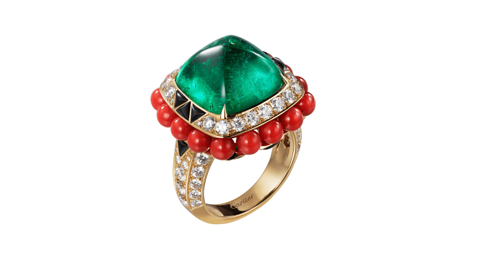  Résonances de Cartier ring in yellow gold with sugarloaf emerald, coral, onyx  and diamonds