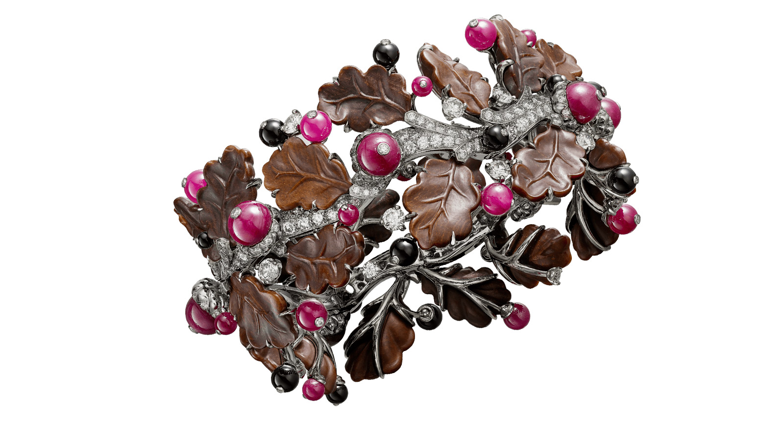  Résonances de Cartier bracelet in white gold, with petrified wood, rubies, onyx and diamonds